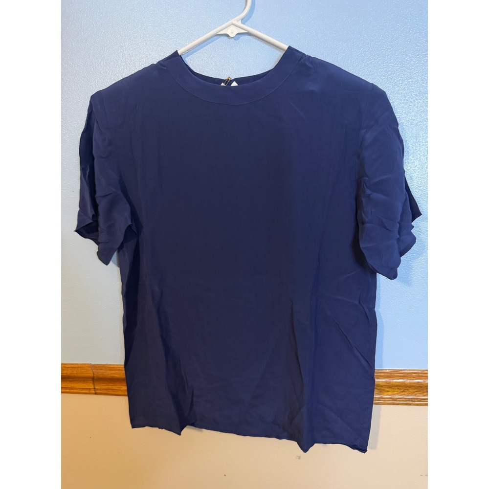 WinterSilks Navy Blue 100% Pure Silk Short Sleeve Keyhole Back Blouse Size 4 NWT